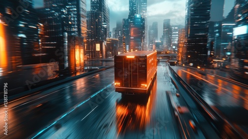 Obraz na płótnie Truck Transporting Goods Through Modern Cityscape at Night with Motion Blur w salonie