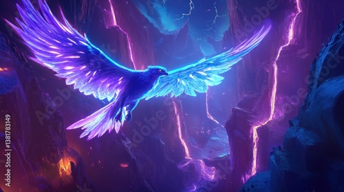 Glowing Bird Flying Through a Dramatic Mountain Landscape with Lightning