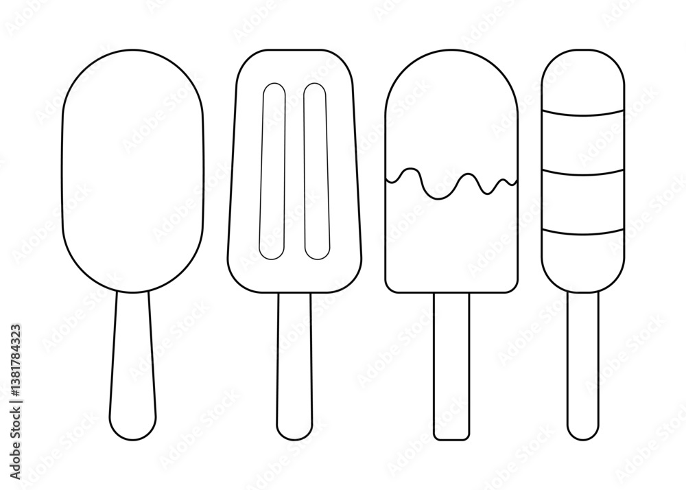 Set of ice cream on a stick. Outline image with popsicle. Coloring page with summer dessert. Set of ice cream on a stick. Outline image with popsicle. Coloring page with summer dessert.