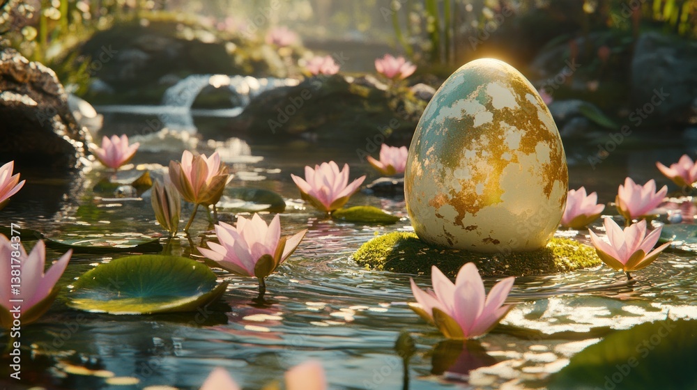 Decorative Egg Floating Among Lily Pads in a Tranquil Pond