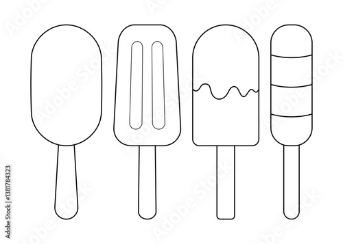 Set of ice cream on a stick. Outline image with popsicle. Coloring page with summer dessert.