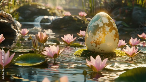 Obraz na płótnie Decorative Egg Floating Among Lily Pads in a Tranquil Pond w salonie