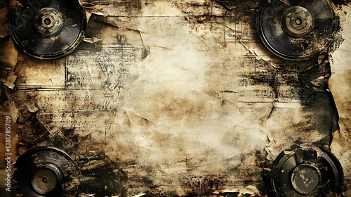 Four Records And Aged Paper Creating A Grungy Vintage Texture