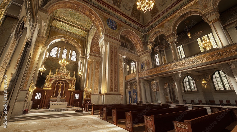 Obraz premium Grand Interior of a Historical Religious Building with Ornate Decorations and Stained Glass Win
