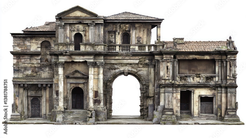 Obraz premium Historic Architecture with Arched Entrance and Weathered Facade Ideal for Historical Cultural
