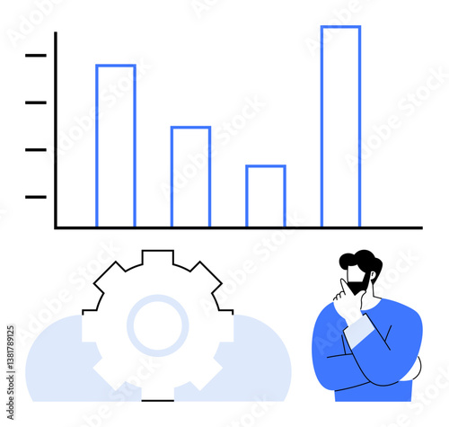 Bar chart with varying levels, gear representing process improvement, thoughtful individual interpreting data. Ideal for data analysis, business strategy, workflow improvement, decision-making