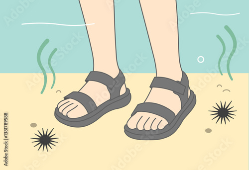 Feet Wearing Sandals to Avoid Sea Urchins Underwater