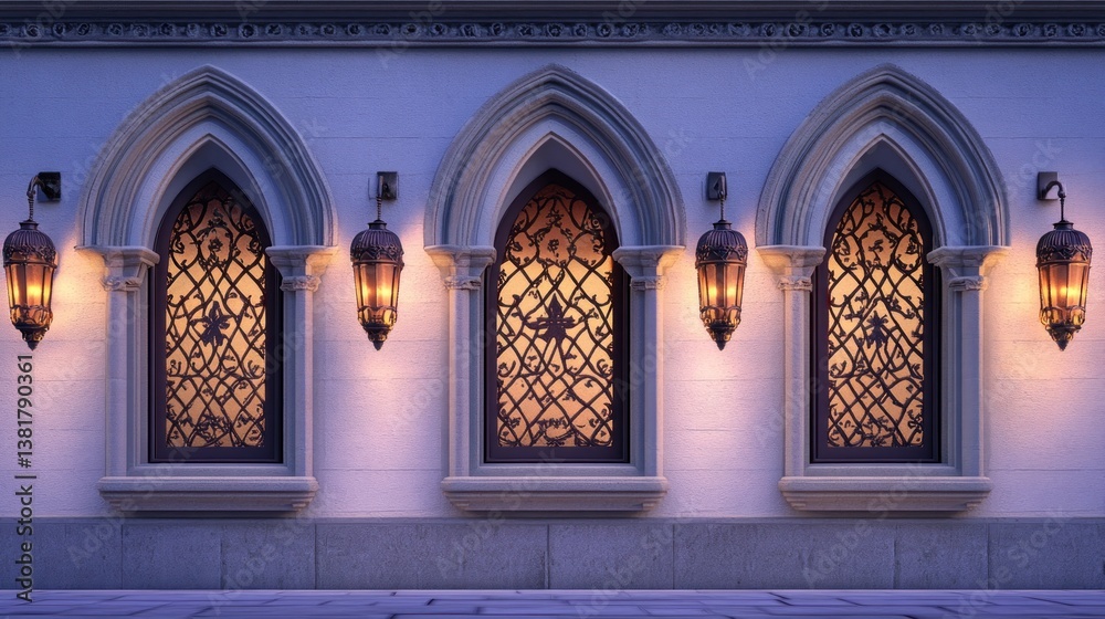 Fototapeta premium Illuminated Gothic Windows with Warm Lanterns Medieval Architecture Fantasy Castle Nighttime