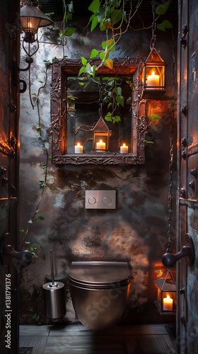 Intimate elegantly lit restroom burnished bronze wall minimalist floating toilet antique metal framed mirror reflecting soft lantern glow Hanging ivy add fresh organic element softening industrial