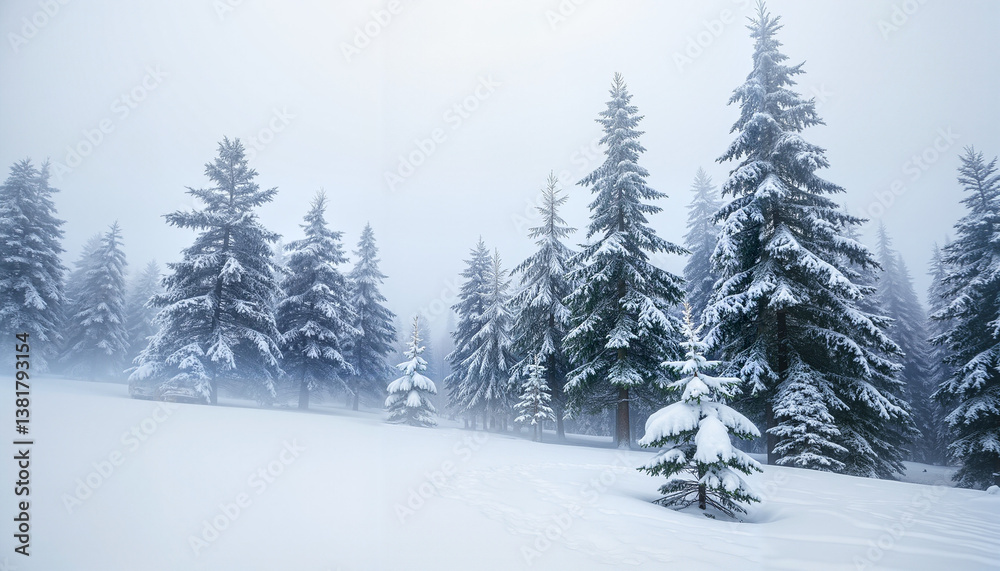 Naklejka premium Snow-covered pine trees in a foggy winter landscape
