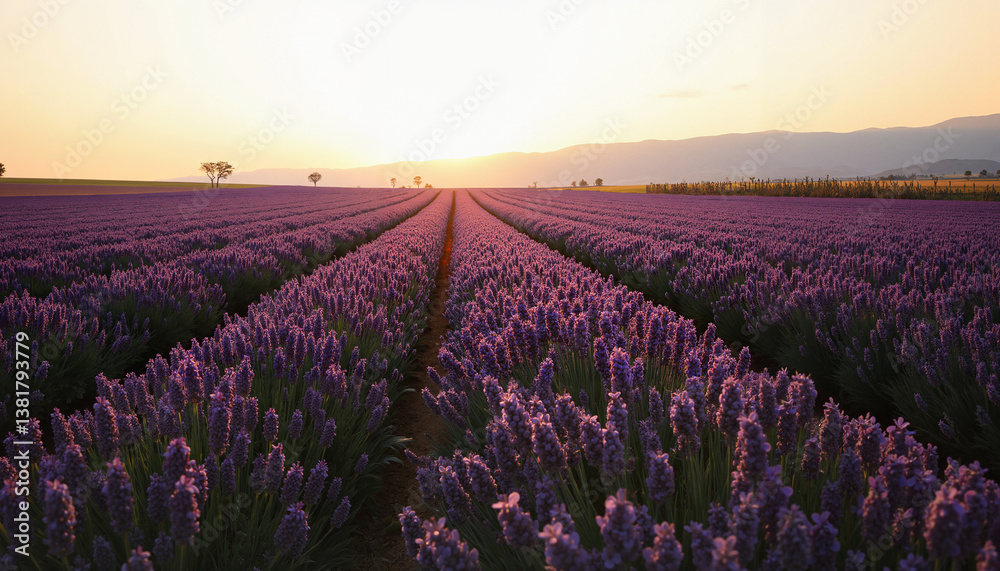 Fototapeta premium Lavender fields at sunset showcasing vibrant purple blossoms 