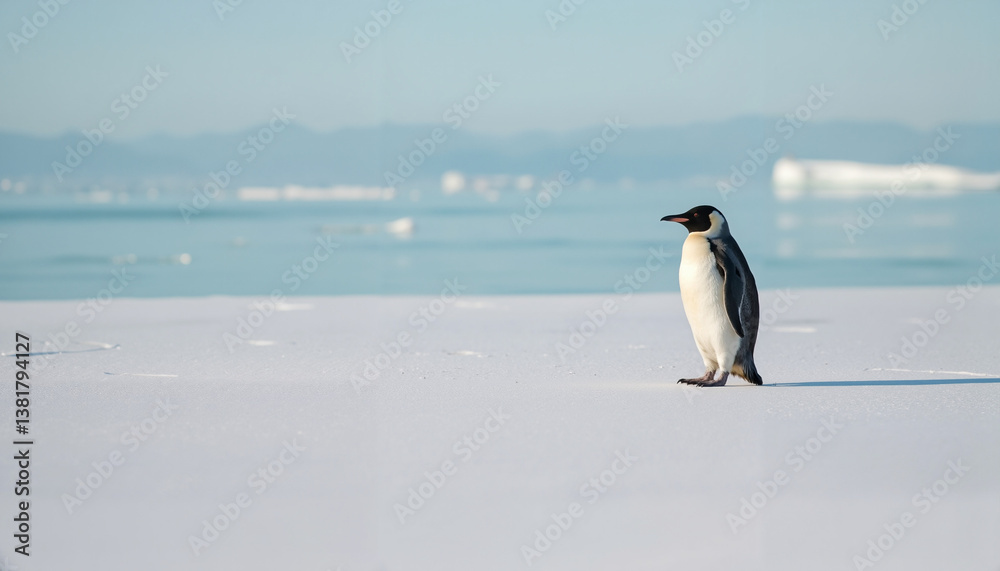 Fototapeta premium Penguin standing on ice against a serene blue ocean background 