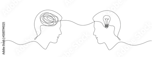 Two heads one with a confused mind the other with a lamp drawn in one continuous line.  Concept of brainstorming and solving mental problems, psychotherapy. Vector editable line illustration.