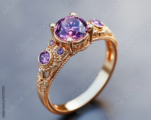 Gold Ring with Purple Gemstone Close-Up Photorealistic 3D Rendering