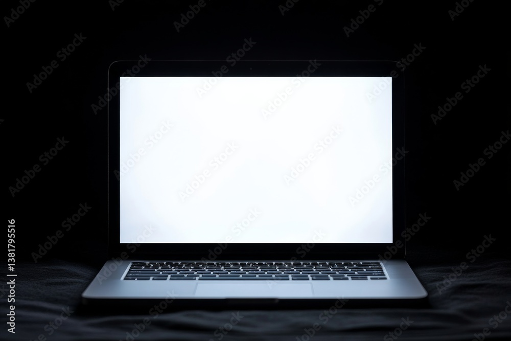 Glowing laptop screen in darkness: focus on bright white display against black background Glowing laptop screen in darkness: focus on bright white display against black background