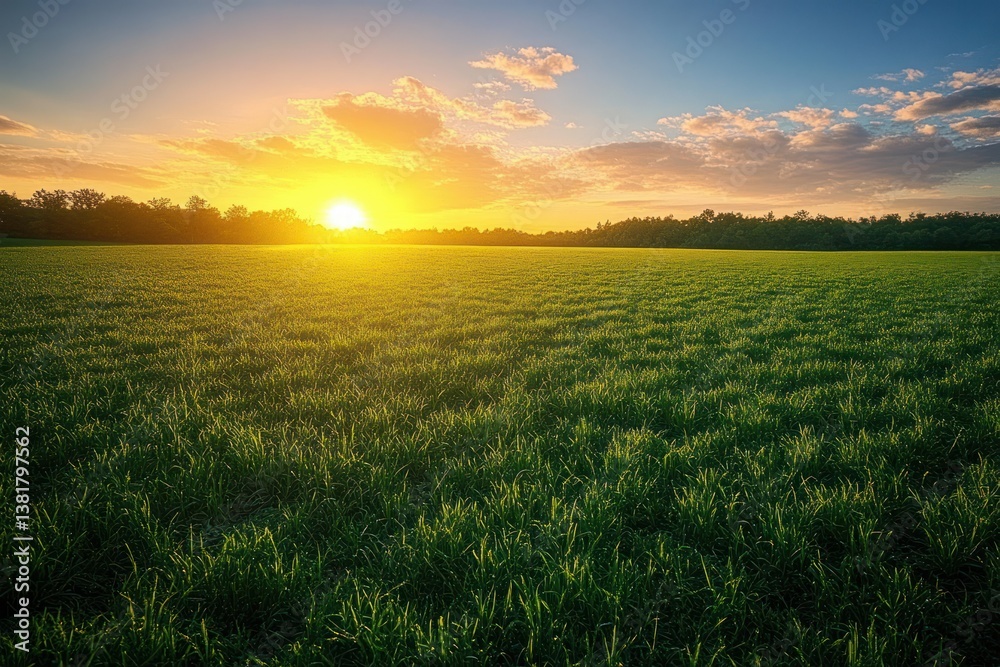 Sunset Over a Green Spring Field with Willow Trees and Clear Sky Sunset Over a Green Spring Field with Willow Trees and Clear Sky