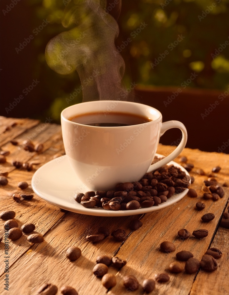 A steaming cup of coffee on a rustic wooden table, with scattered coffee beans around it A steaming cup of coffee on a rustic wooden table, with scattered coffee beans around it