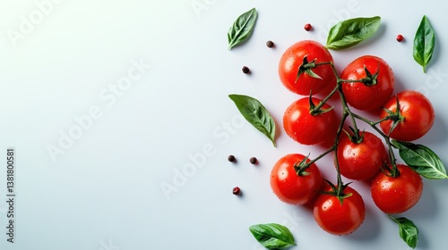 Fresh Red Tomatoes with Basil Leaves and Spices on White Surface
