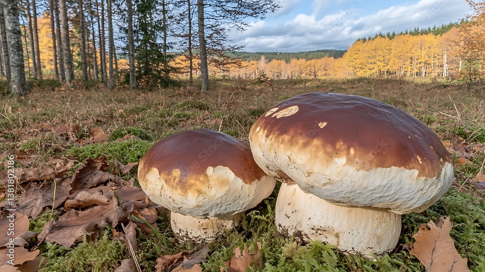 Two large brown mushrooms growing in a forest setting perfectly