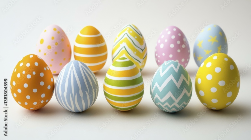 Obraz premium Vibrant Easter Eggs with Varied Patterns Arranged in Row on White Surface