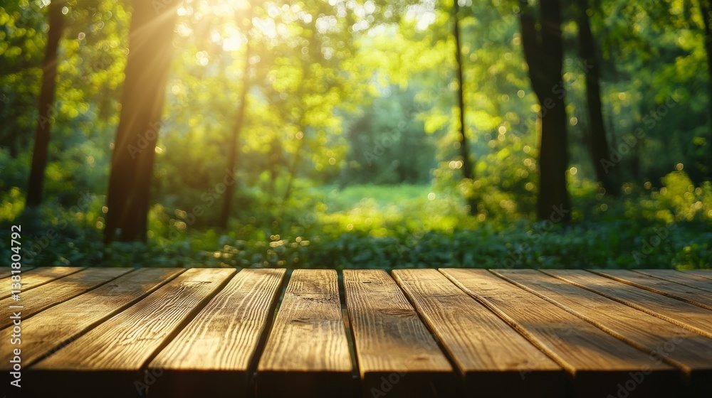 Empty wooden platform with a dreamy green forest in the background, sunbeams creating a warm glow. generative ai Empty wooden platform with a dreamy green forest in the background, sunbeams creating a warm glow. generative ai