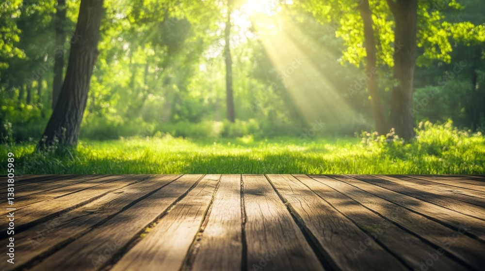 Empty wooden platform with a dreamy green forest in the background, sunbeams creating a warm glow. generative ai Empty wooden platform with a dreamy green forest in the background, sunbeams creating a warm glow. generative ai
