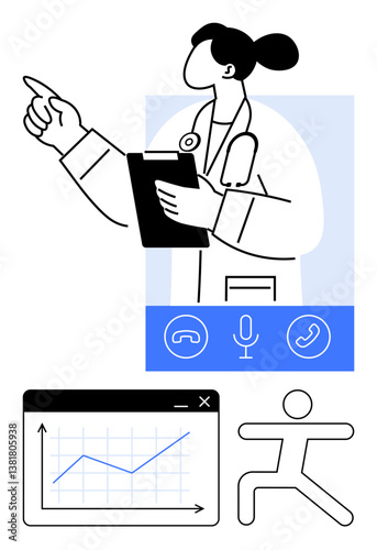Doctor pointing with clipboard, communication interface, chart analytics, and fitness icon emphasize healthcare connectivity. Ideal for telemedicine, diagnostics, virtual care, fitness tracking