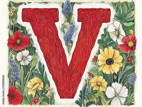 The Letter V Surrounded by Colorful Flowers and Lush Greenery