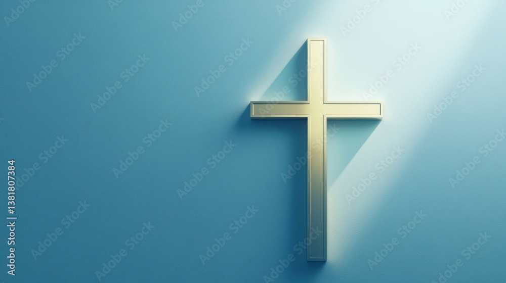 Golden Cross on a Blue Background with Sunlight Religious Symbol