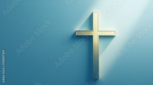 Obraz na płótnie Golden Cross on a Blue Background with Sunlight Religious Symbol w salonie