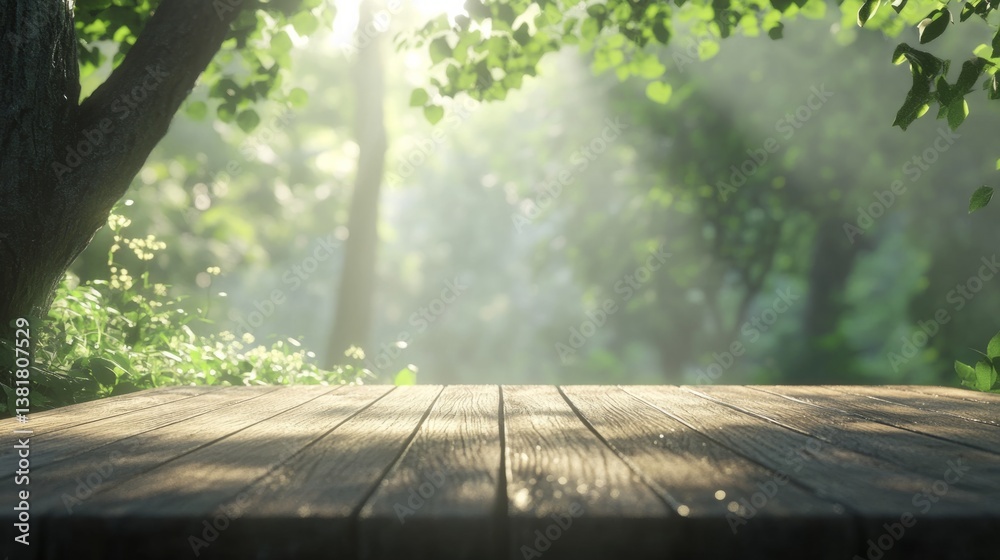 Empty wooden platform with a dreamy green forest in the background, sunbeams creating a warm glow. generative ai Empty wooden platform with a dreamy green forest in the background, sunbeams creating a warm glow. generative ai