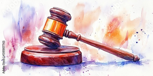 A watercolor painting of a gavel resting on its block evokes a sense of justice and legal proceedings Perfect for legal or judicial themes