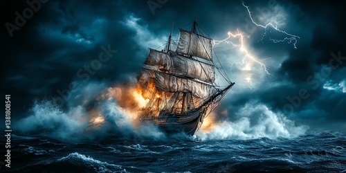 A burning sailing ship battles a raging storm with dramatic lightning strikes Perfect for fantasy, adventure, or historical fiction projects