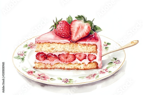 slice of strawberry cake on floral china plate, watercolor illustration with white background