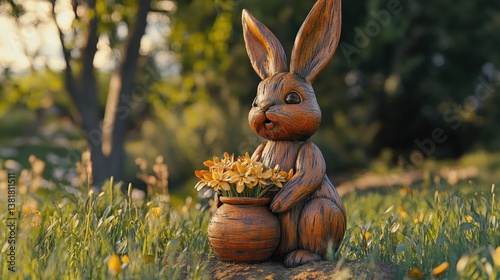 Rabbit Holding Flowers Garden Statue in Green Meadow Scene