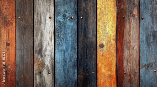 Close-up of a weathered wooden door with rusty nails and metal accents  featuring rustic textures in dark blue  brown  orange  and yellow tones.