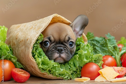 Cute puppy wrapped in tortilla with lettuce and vegetables
