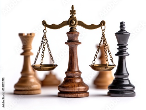 Chess pieces and scales of justice isolated on white background, justice in law can use strategy in life, strategy in law