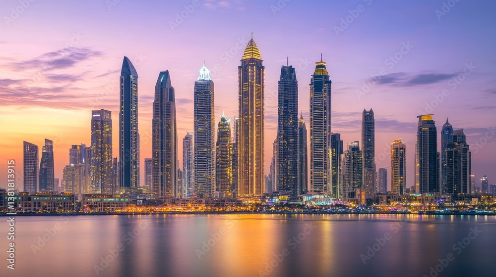 City Skyline Reflecting in Water at Sunset with Colorful Evening Sky