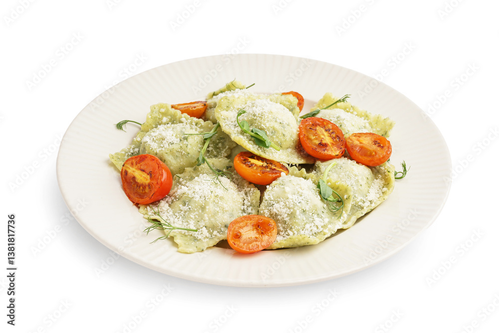 Plate of tasty ravioli with tomatoes and cheese on white background Plate of tasty ravioli with tomatoes and cheese on white background