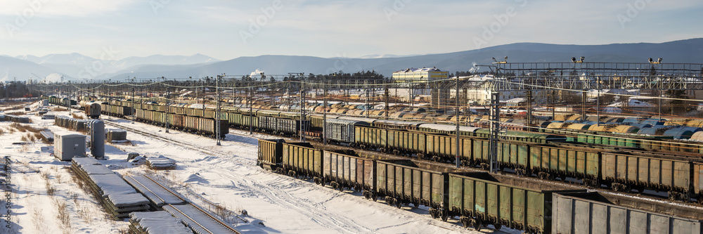 Top view of freight trains. Winter panorama. Freight cars at the railway station. Transport logistics and cargo delivery by rail. Cargo transportation.