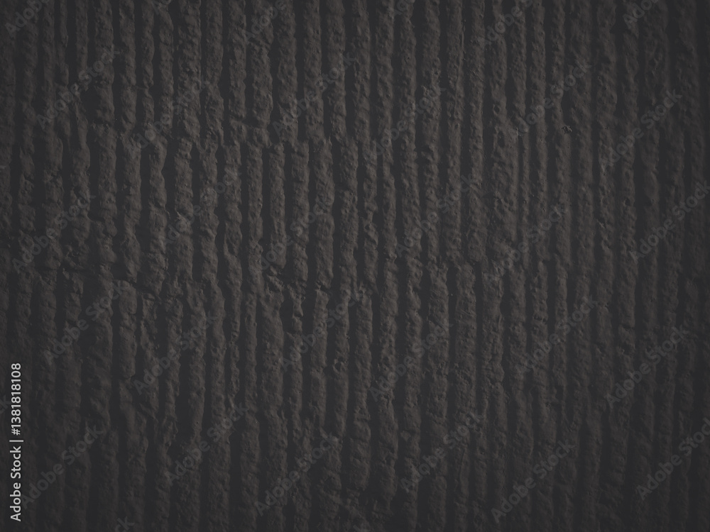 Texture of the wall. Decorative plaster. Rough painted surface with a pattern of vertical stripes, recesses and dents. Faded dark background for design.
