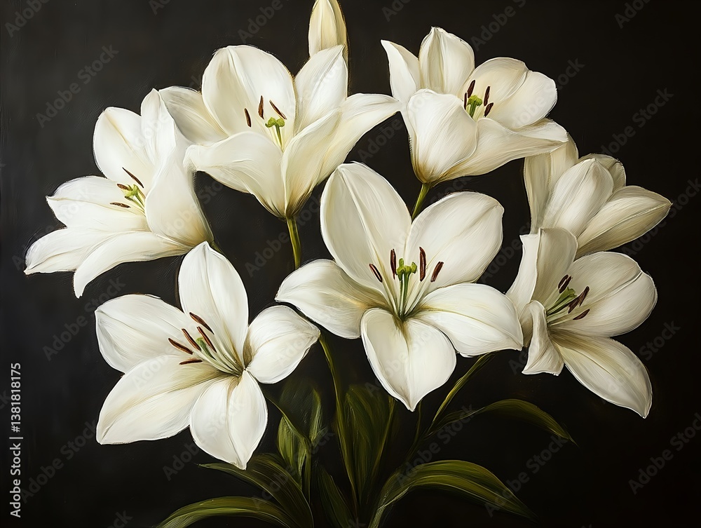 Elegant white floral illustration with a flower centerpiece on a black background