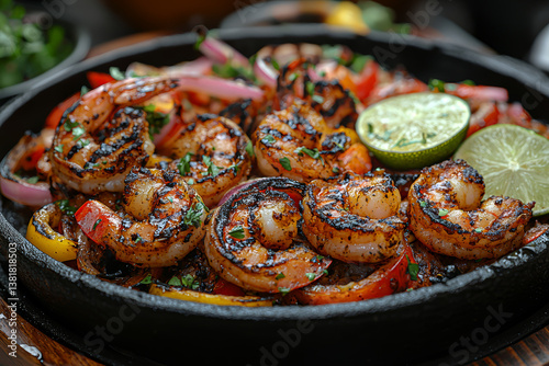 A sizzling plate of fajitas with grilled shrimp and charred lime. Concept of coastal Mexican flavors and sizzle appeal.