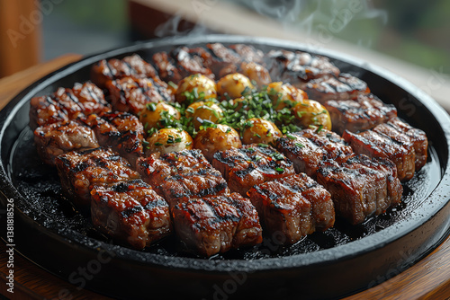 A sizzling Korean BBQ plate with marinated meats and charred vegetables, smoke rising from the grill. Concept of communal dining and culinary traditions.