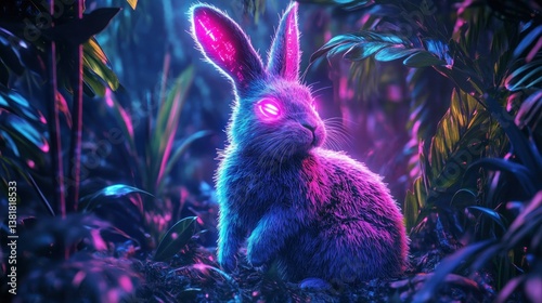Sitting Rabbit with Glowing Pink Eyes Amidst Tropical Jungle Foliage