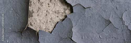 Obraz na płótnie Peeling paint on the wall. Panorama of a concrete wall with old cracked flaking paint. Weathered rough painted surface with patterns of cracks and peeling. Wide panoramic texture for design background w salonie