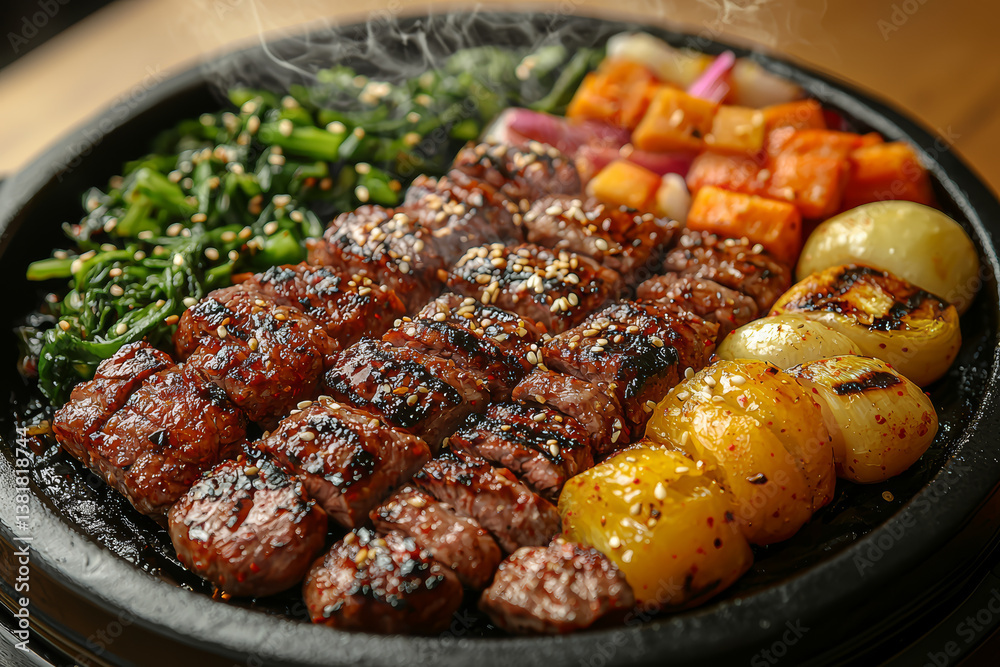 A sizzling Korean BBQ plate with marinated meats and charred vegetables, smoke rising from the grill. Concept of communal dining and culinary traditions.