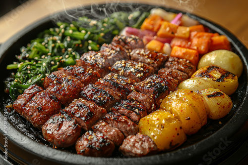 Obraz na płótnie A sizzling Korean BBQ plate with marinated meats and charred vegetables, smoke rising from the grill. Concept of communal dining and culinary traditions. w salonie