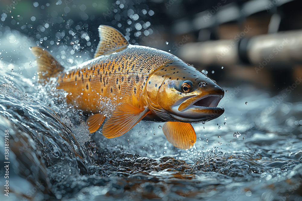 A salmon leaping upstream against a cascading waterfall. Concept of life cycle perseverance and aquatic determination.